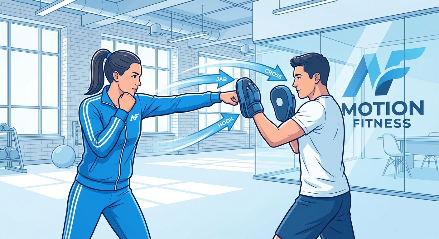 Personal trainer demonstrando golpes de boxe fitness para aluno em estúdio moderno