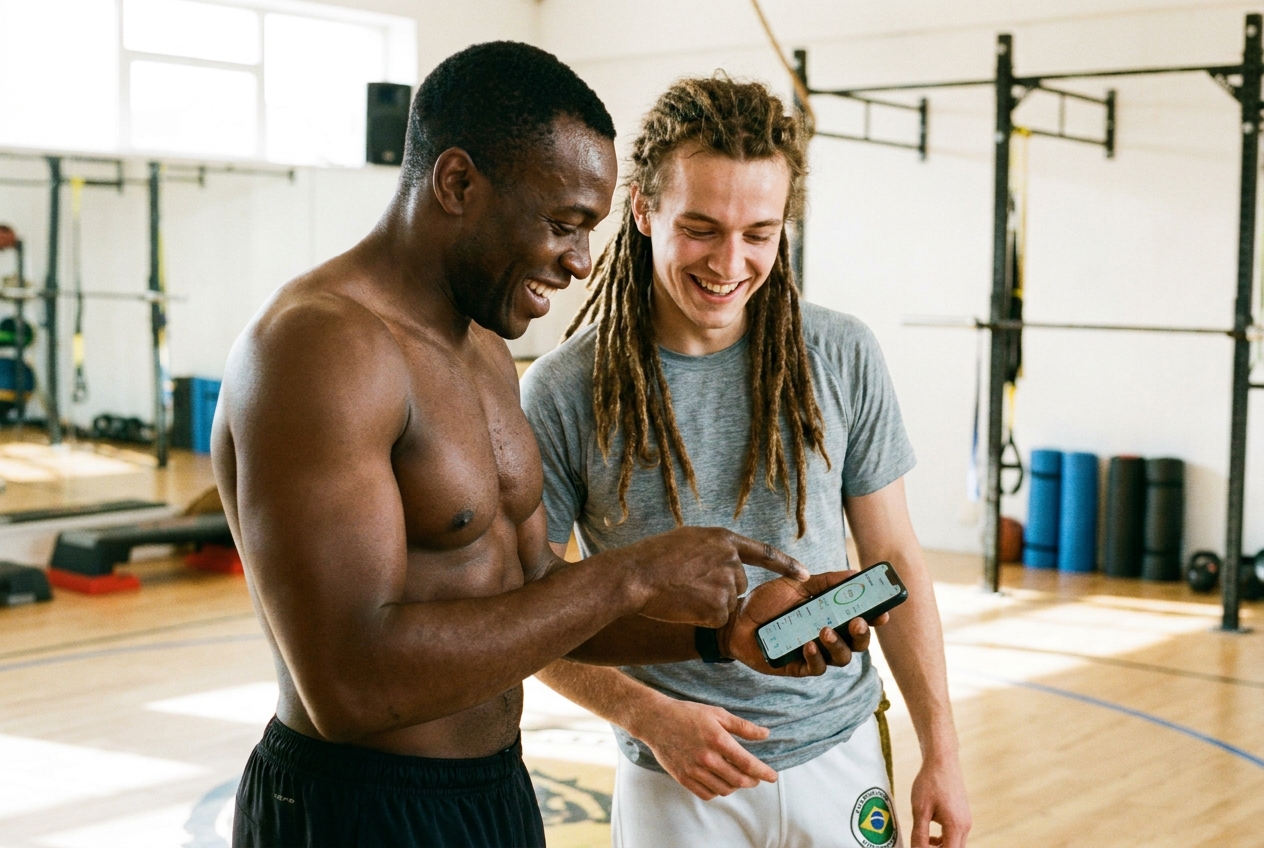 Personal trainer e aluno de capoeira usando aplicativo Personal Millbody após treino intervalado