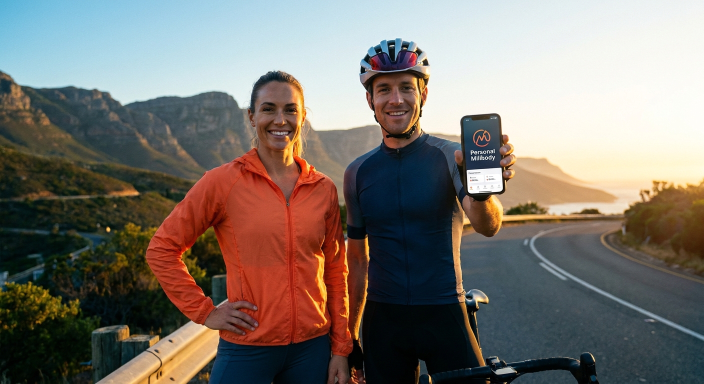 Personal trainer sorrindo ao lado de aluno ciclista usando o app Personal Millbody em meio à natureza