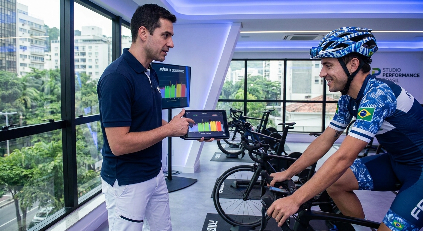 Preparador de atletas analisando dados de potência ao lado de ciclista em treino de performance