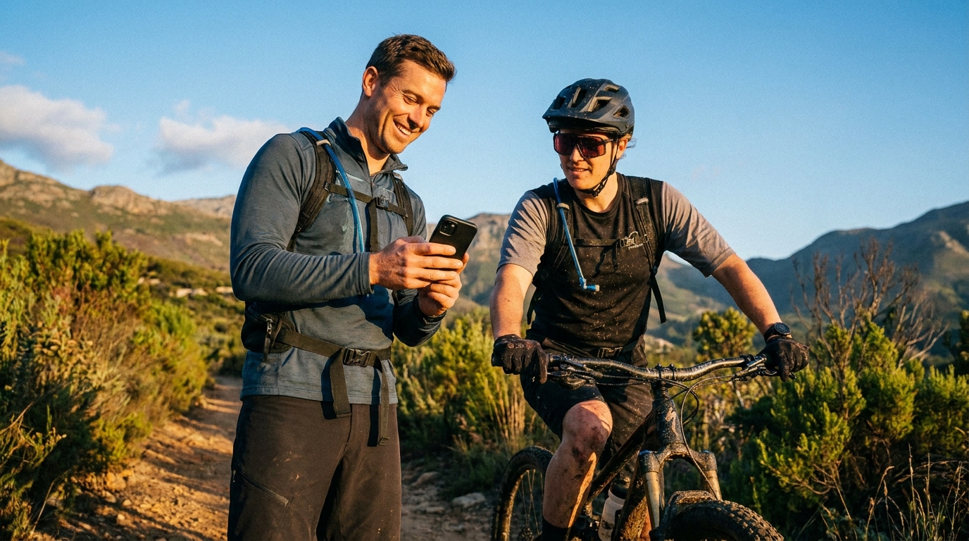 Personal trainer usando aplicativo ao lado de ciclista de mountain bike em trilha na montanha