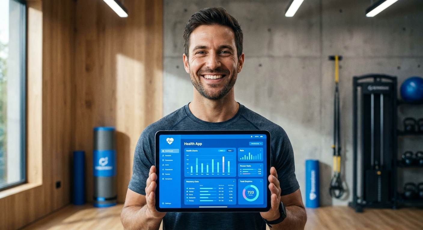 Personal trainer utilizando app para personal trainer em tablet para gerenciar alunos