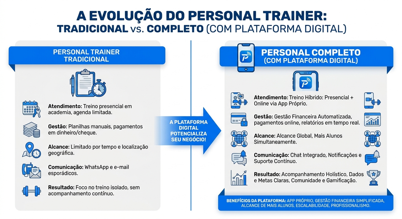 Infográfico comparando Personal Trainer Tradicional versus Personal Trainer Online Completo usando plataforma Millbody