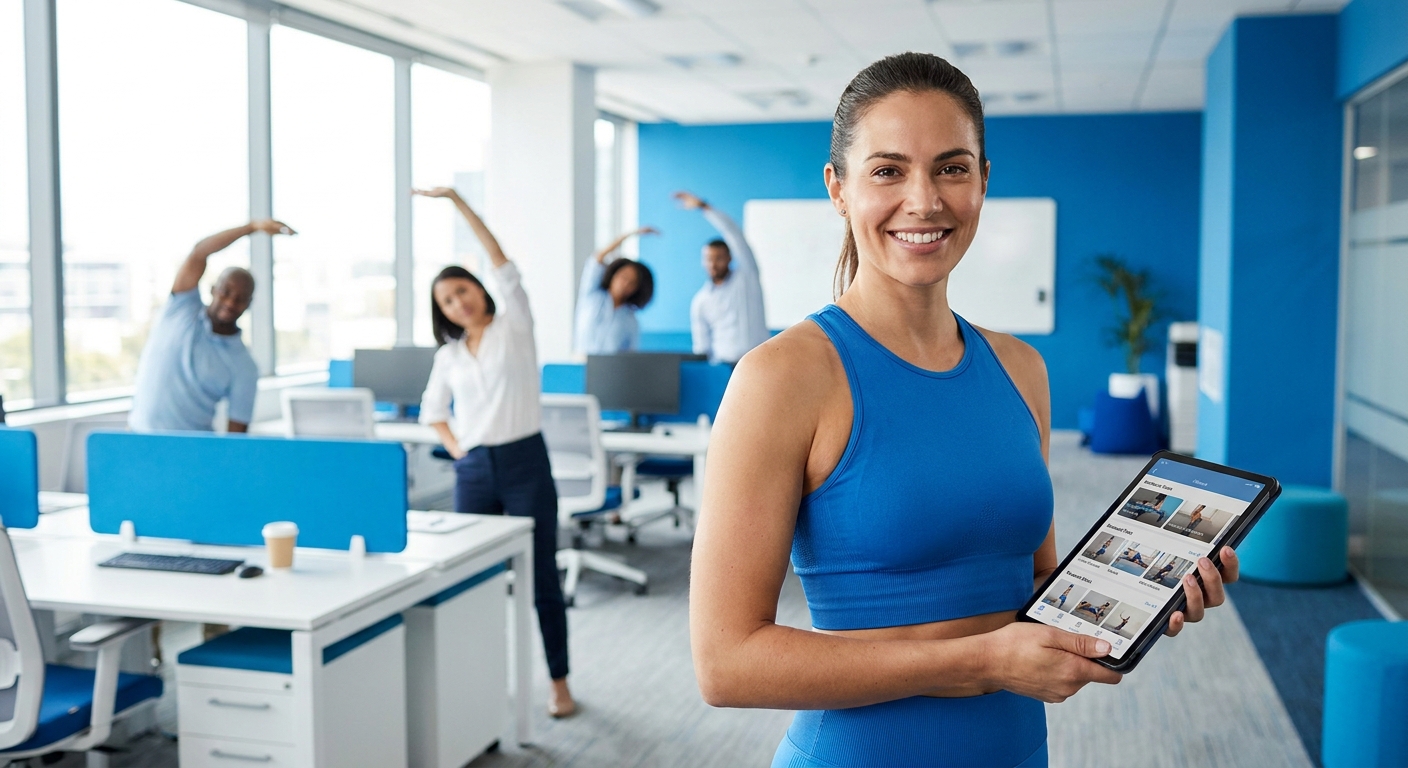 Personal trainer corporativo: muito além de prescrever treinos Treinadora corporativa usando app Millbody em tablet com funcionários ao fundo