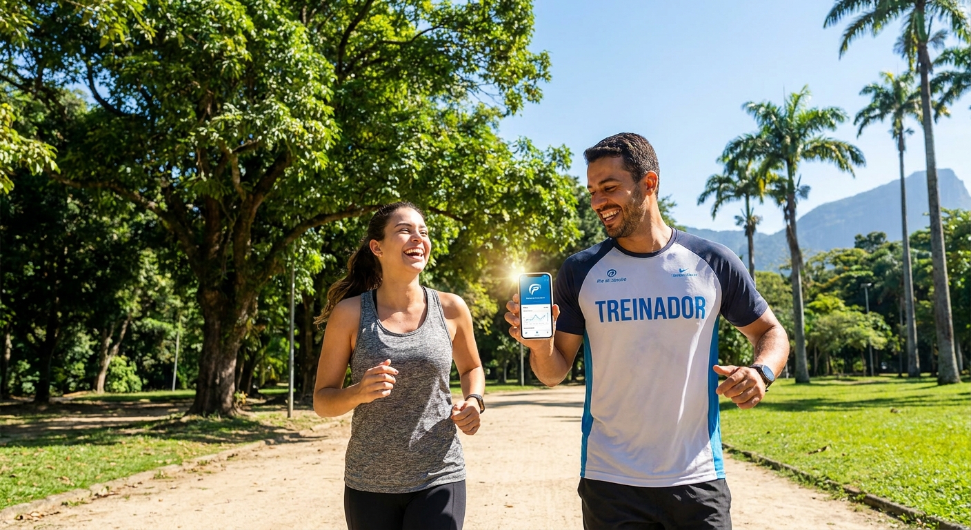 Personal trainer sorrindo com aluno correndo em parque usando app Personal Millbody para monitorar treino de corrida para emagrecimento
