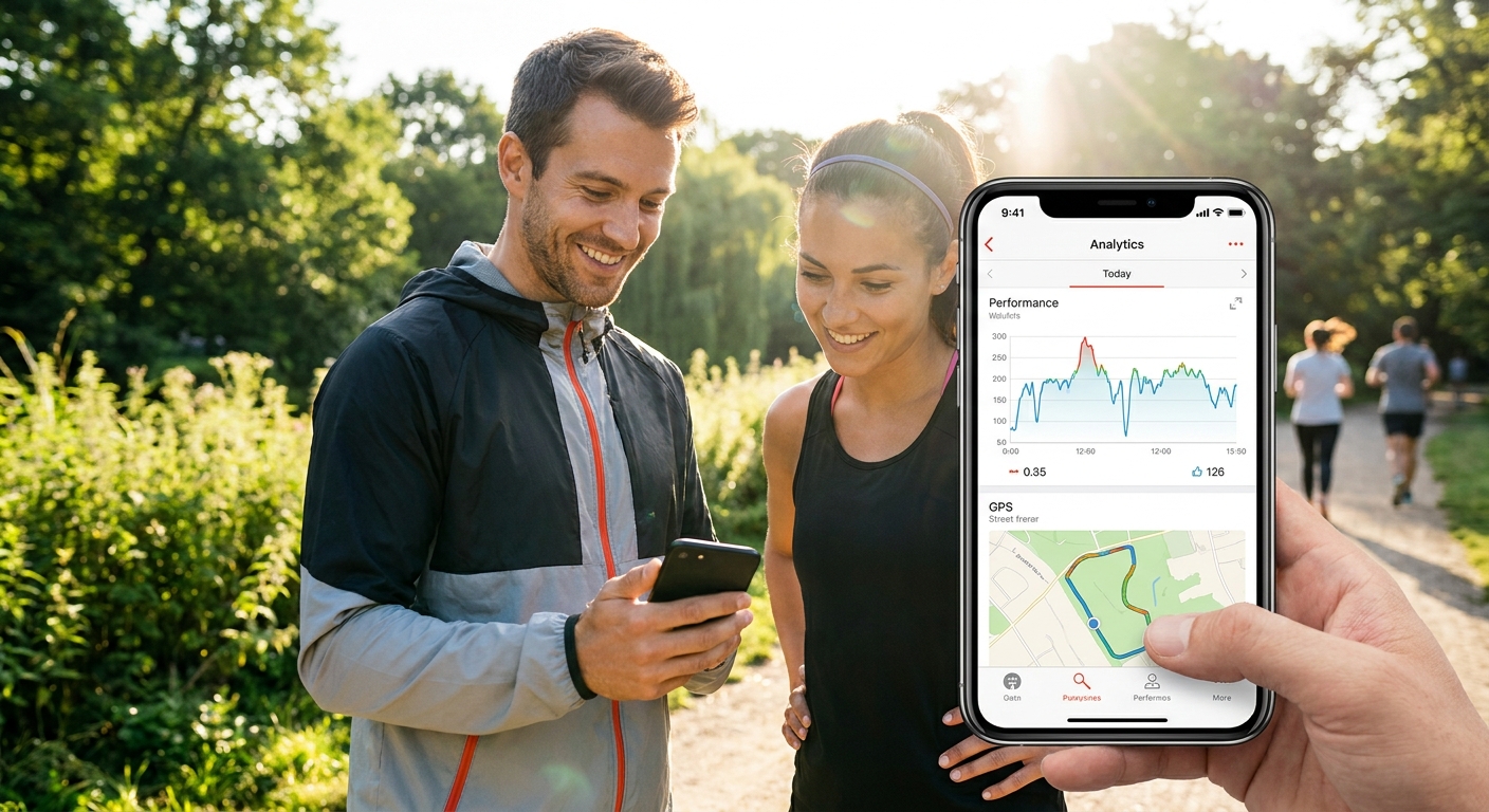 Personal trainer e atleta de corrida de rua analisando dados de performance no celular com app de treinos para personal trainer
