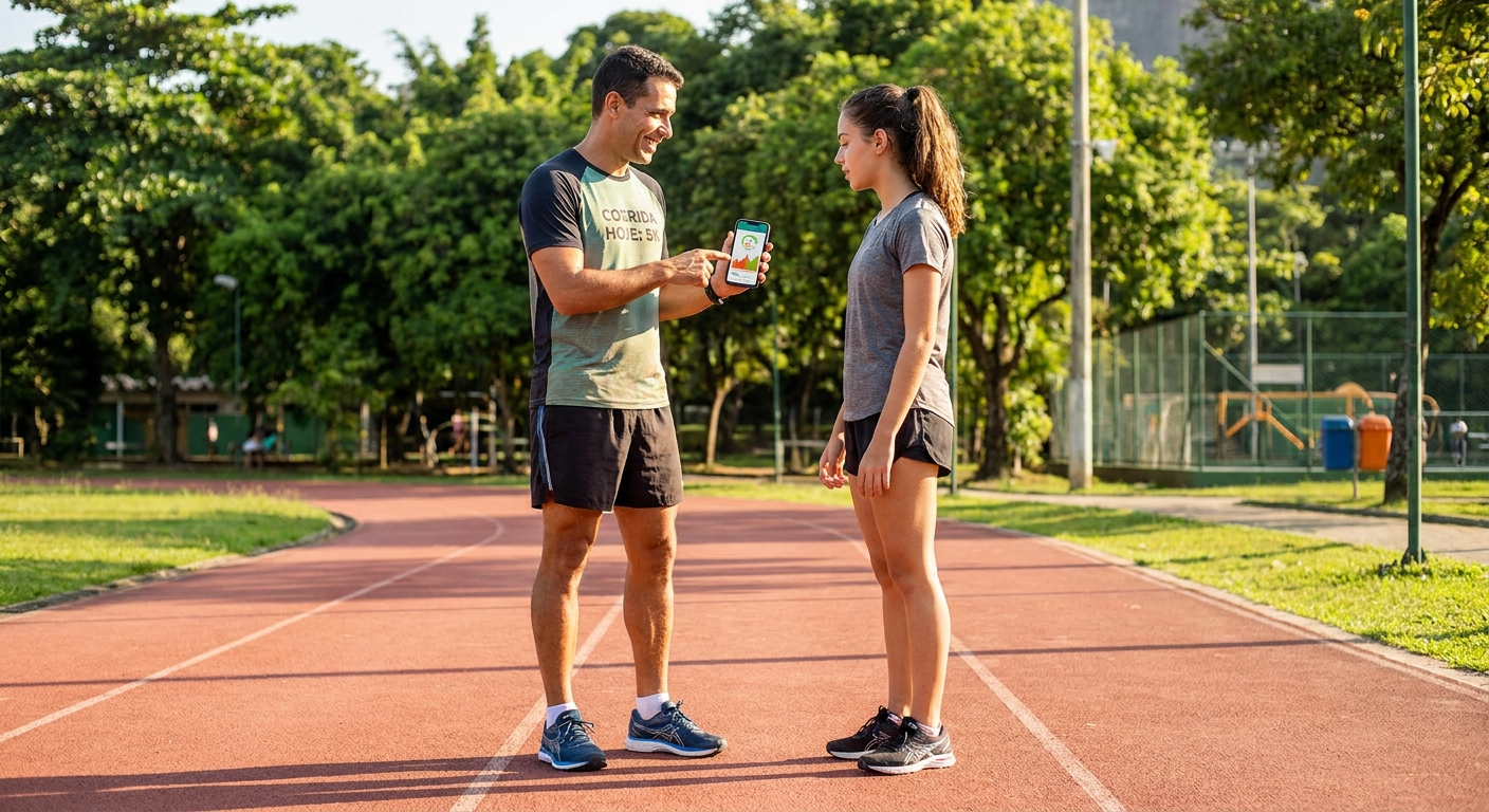 Personal trainer de corrida de rua usando app Millbody com aluno em pista de atletismo