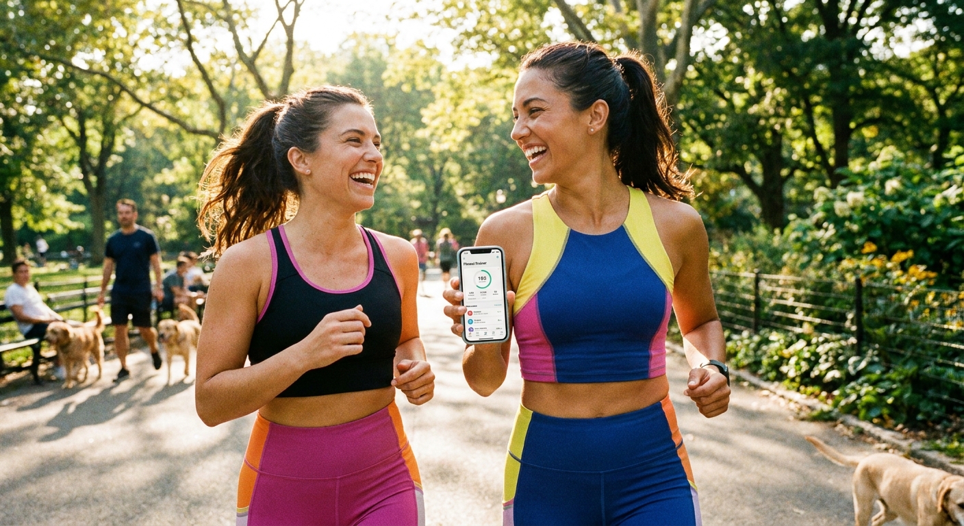 Personal trainer de corrida feminina usando app Personal Millbody com aluna durante treino ao ar livre