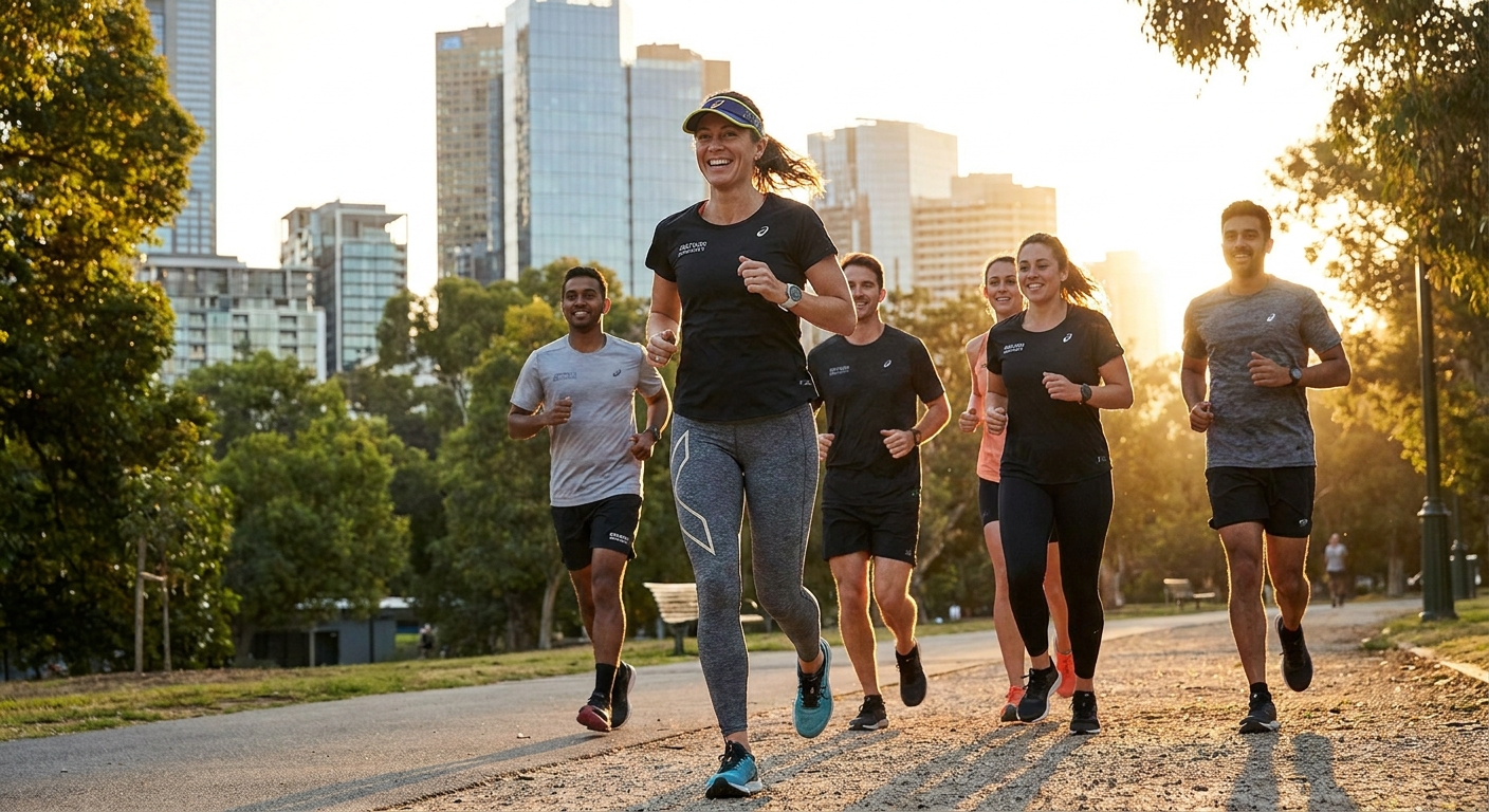 Personal trainer de corrida liderando alunos ao ar livre com app Personal Millbody