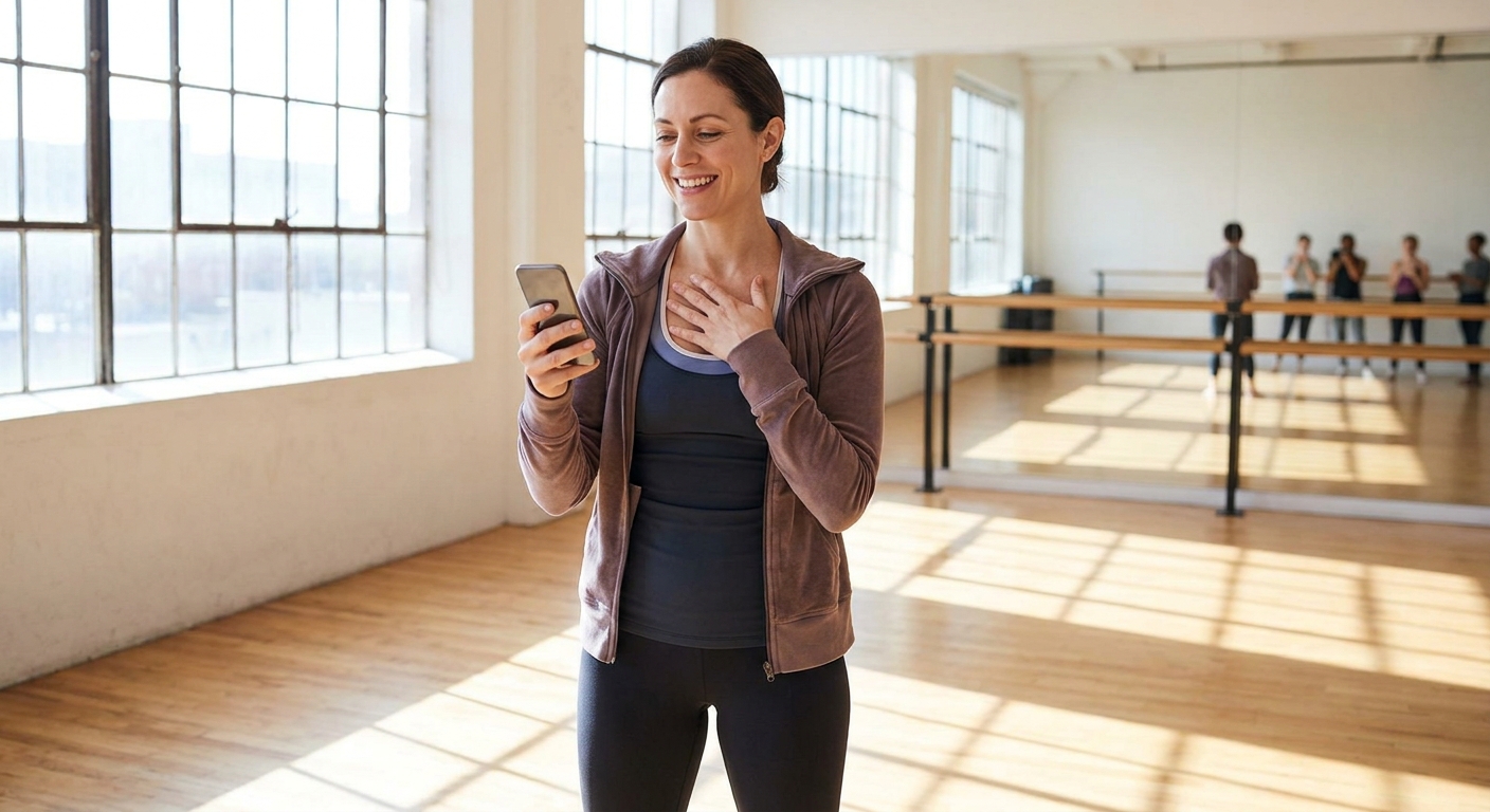 Personal trainer dança usando o app Millbody em um estúdio de dança