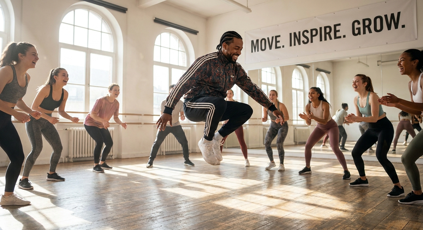 Personal trainer de dança urbana dando aula para jovens em estúdio moderno