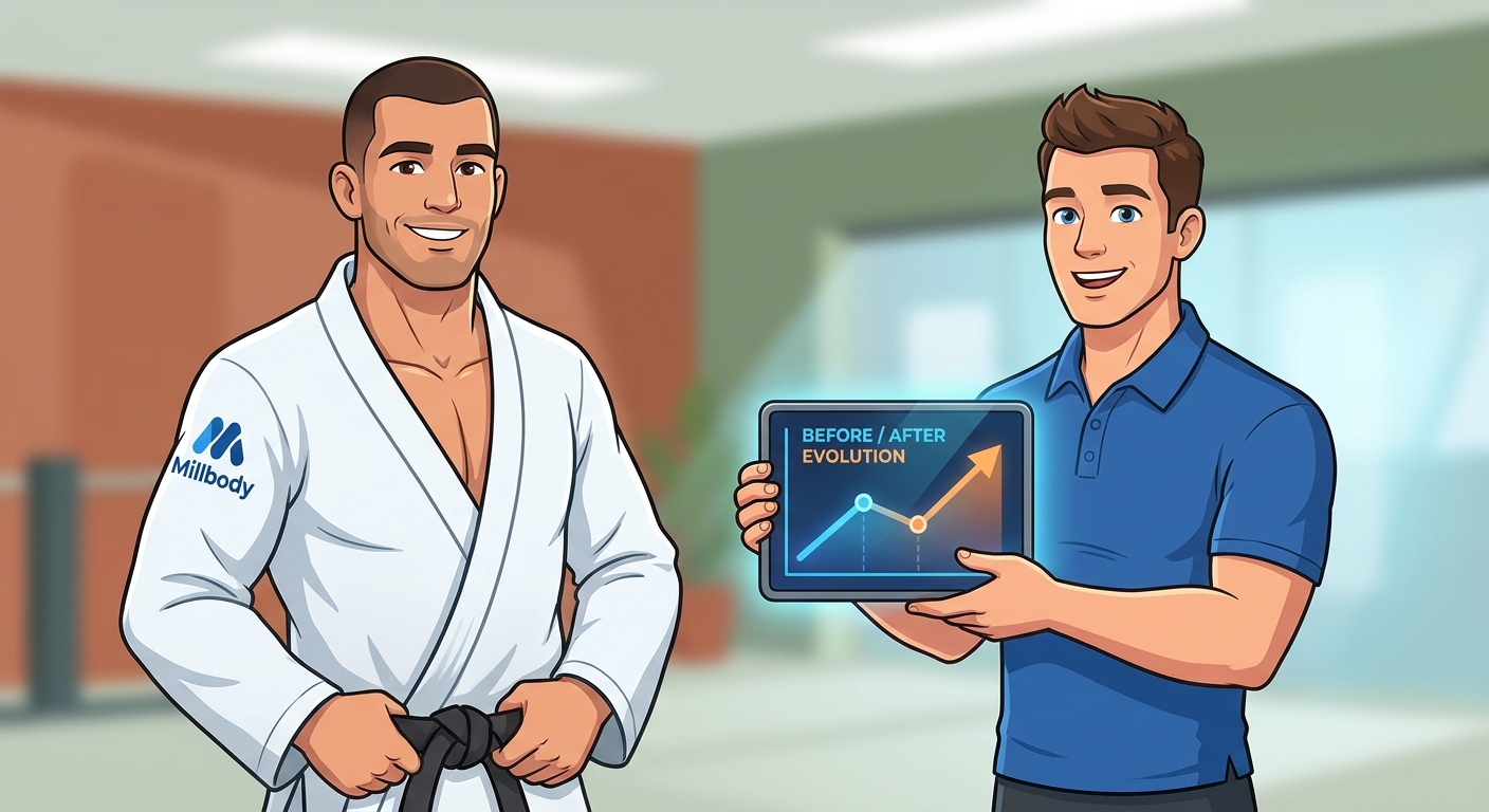 Personal trainer para jiu-jitsu e atleta analisando evolução com plataforma Millbody