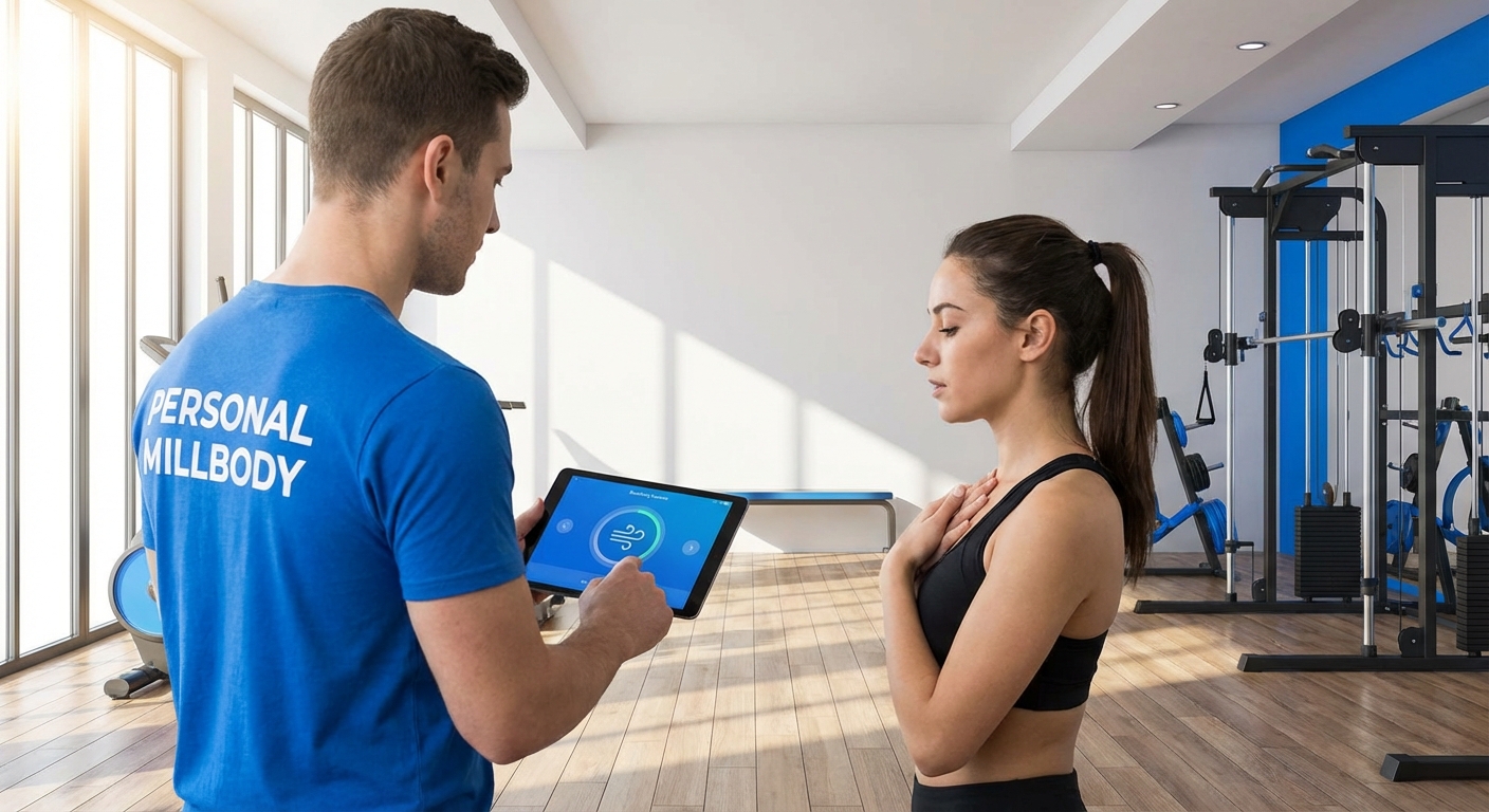 Personal trainer pós-covid demonstrando exercício de respiração com a ajuda da plataforma Personal Millbody