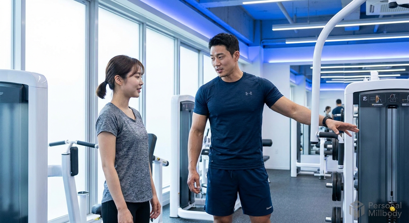 Personal trainer explicando termos de musculação para aluno em academia moderna