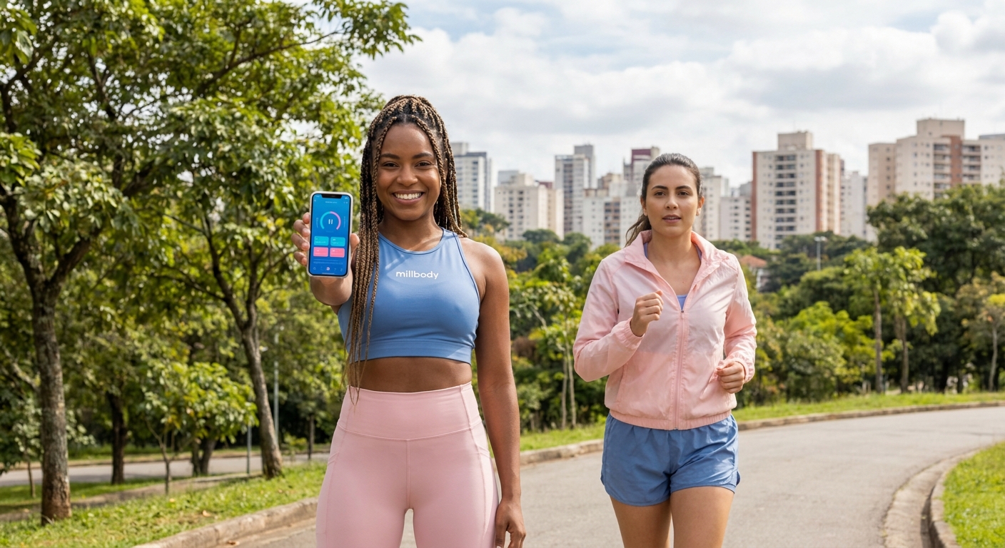 Personal trainer feminino usando app Personal Millbody para treino de corrida com aluna Personal trainer feminino usando app Personal Millbody para treino de corrida com aluna