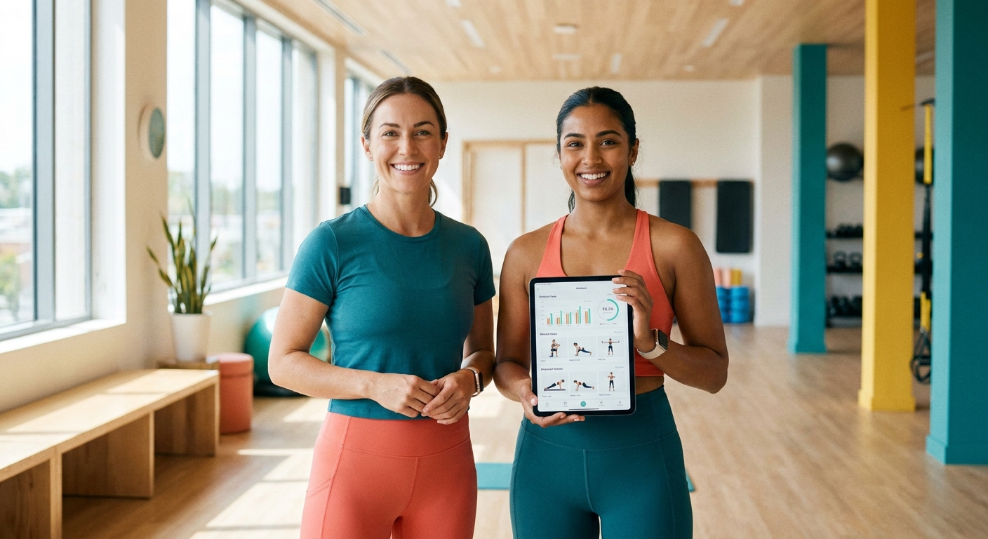 Personal trainer feminino usando aplicativo de treino personalizado com aluna