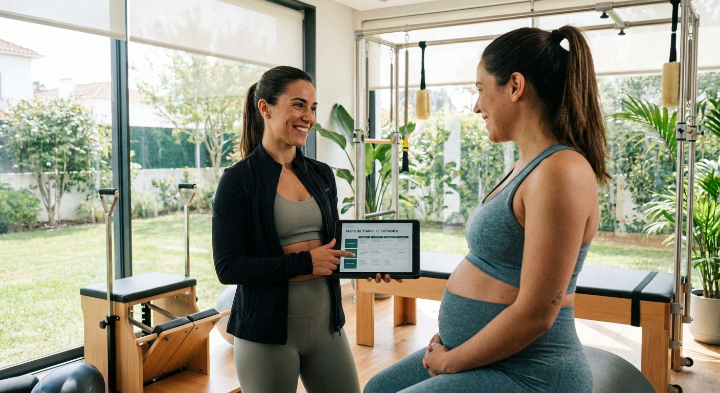 Personal trainer utilizando app para personal trainer gestantes em tablet durante atendimento pré-natal