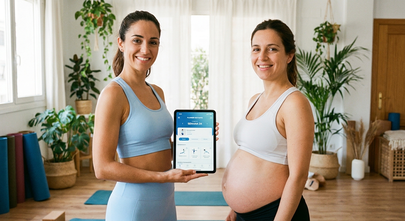Personal trainer sorrindo ao lado de gestante usando tablet com aplicativo Personal Millbody — tecnologia para educação física no pré e pós-parto