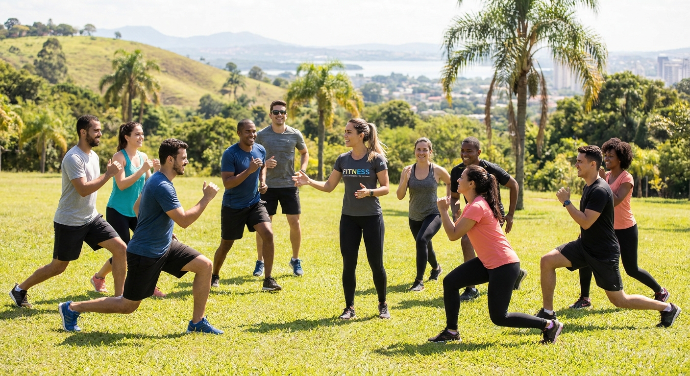 personal trainer orientando grupo de alunos em programa de 60 dias ao ar livre com energia positiva