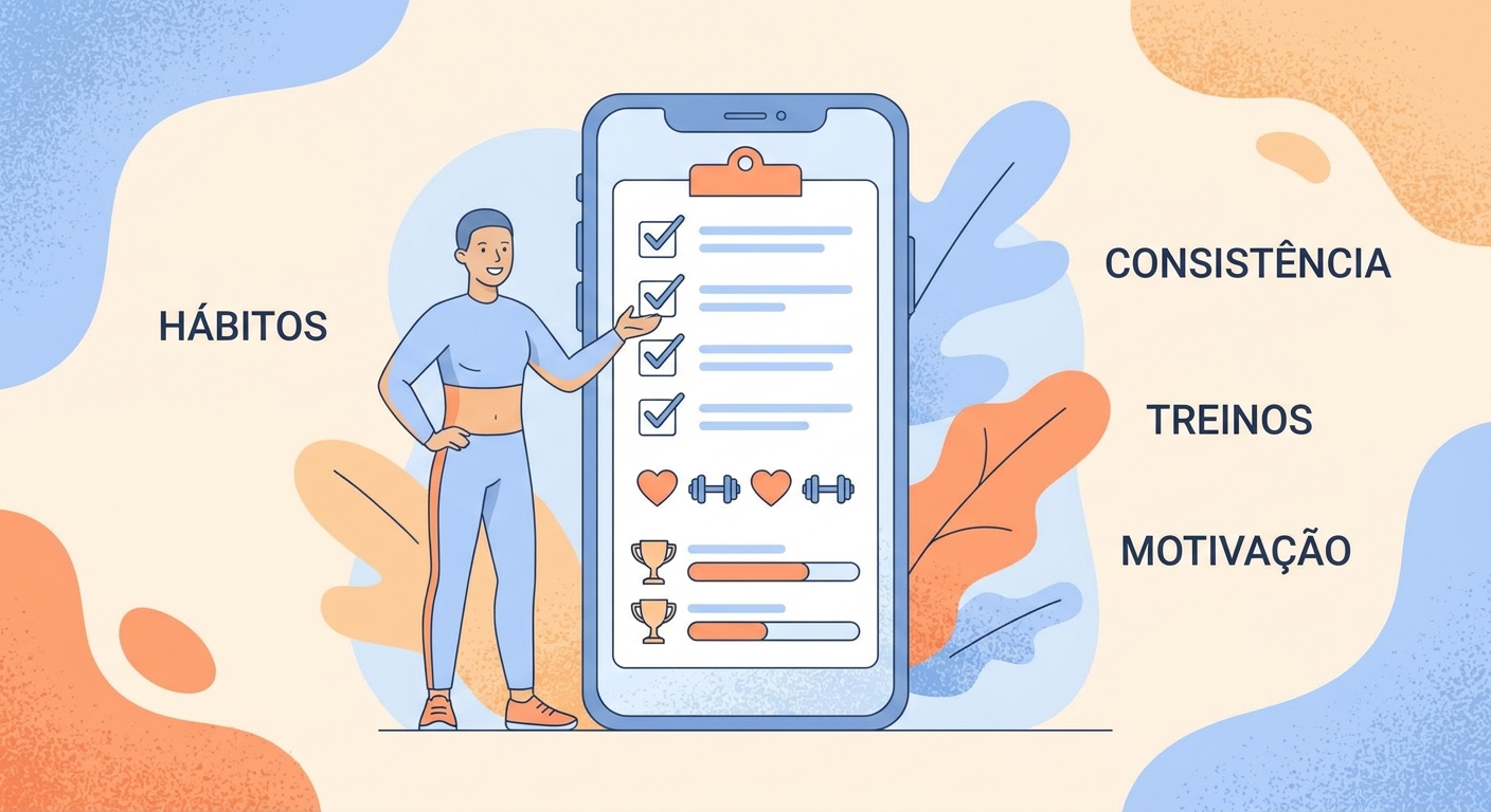 ilustração de personal trainer ao lado de celular gigante com checklists e ícones de motivação representando hábitos fitness com app personal trainer