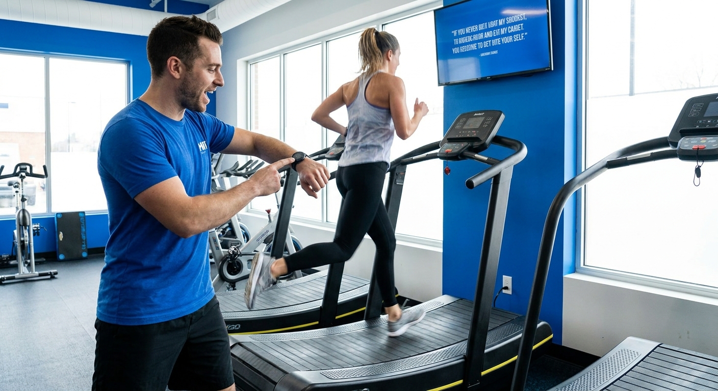 Personal trainer especialista em HIIT usando cronômetro e frequencímetro durante treino intervalado de alta intensidade