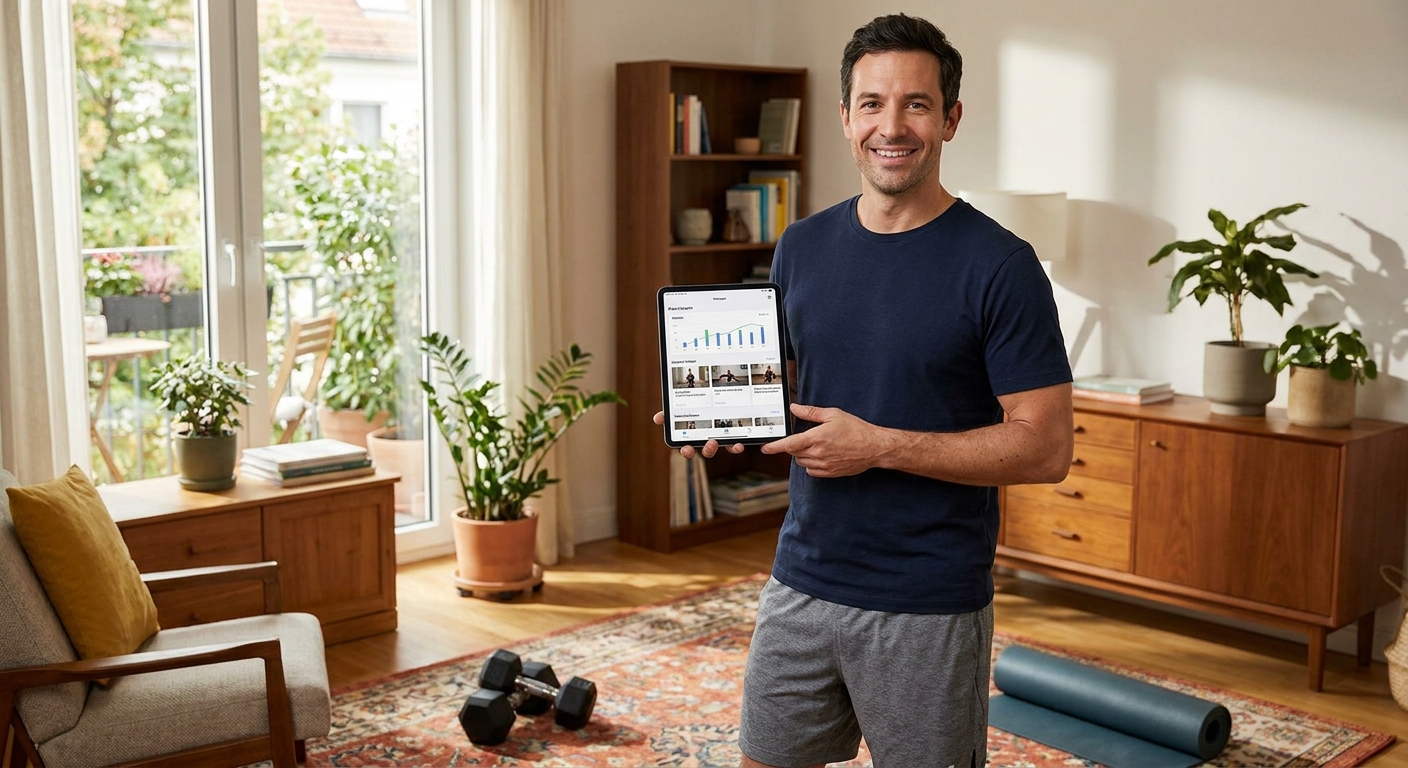 Instrutor de treino em casa sorrindo em ambiente acolhedor com equipamentos simples e aplicativo Personal Millbody