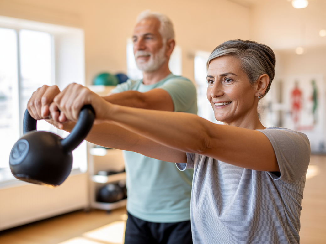 Personal trainer auxiliando um idoso em um exercício de crossfit adaptado com kettlebell, demonstrando a segurança do treinamento funcional na terceira idade.