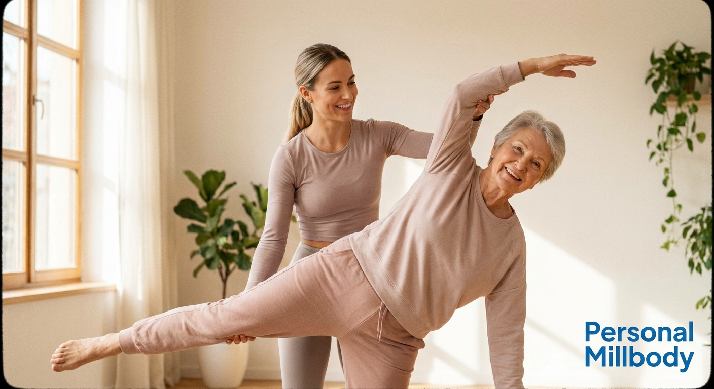 Personal trainer auxiliando idoso com exercícios de longevidade e equilíbrio Personal trainer auxiliando idoso em exercício de longevidade — Personal Millbody