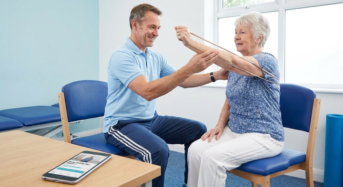 Personal trainer auxiliando idoso em exercício de mobilidade articular com app ao lado