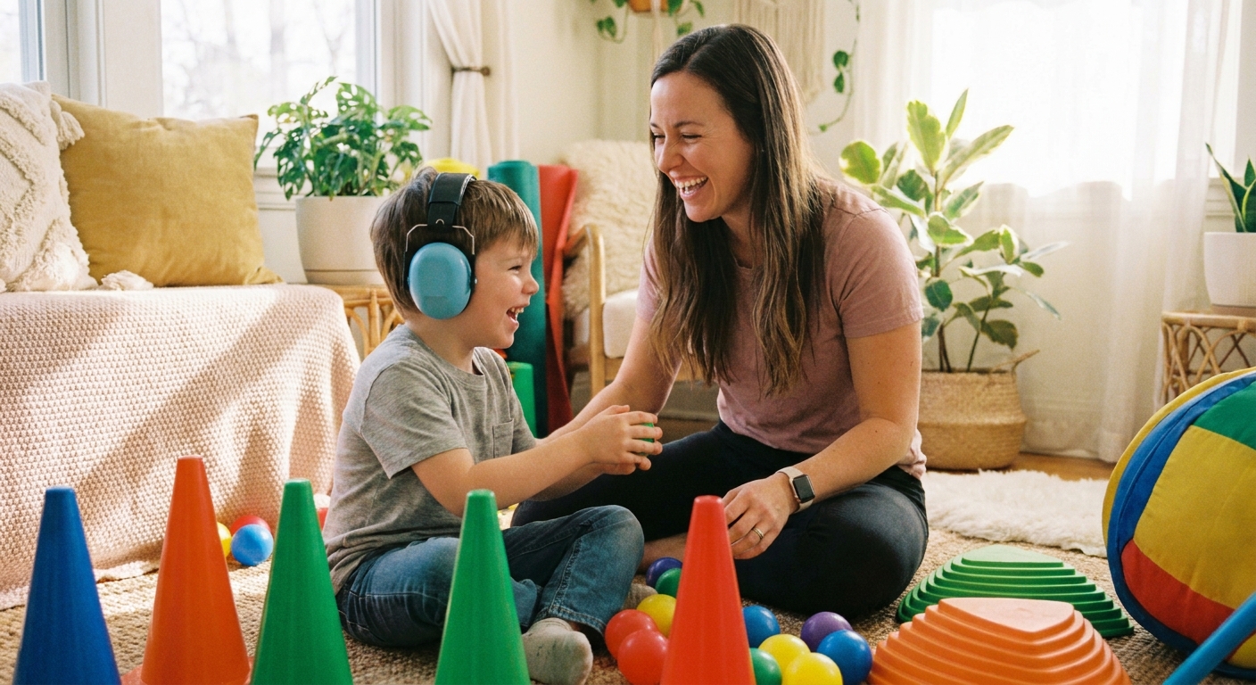 educadora física sorrindo realizando atividade lúdica com criança autista usando cones coloridos e bolas em ambiente acolhedor