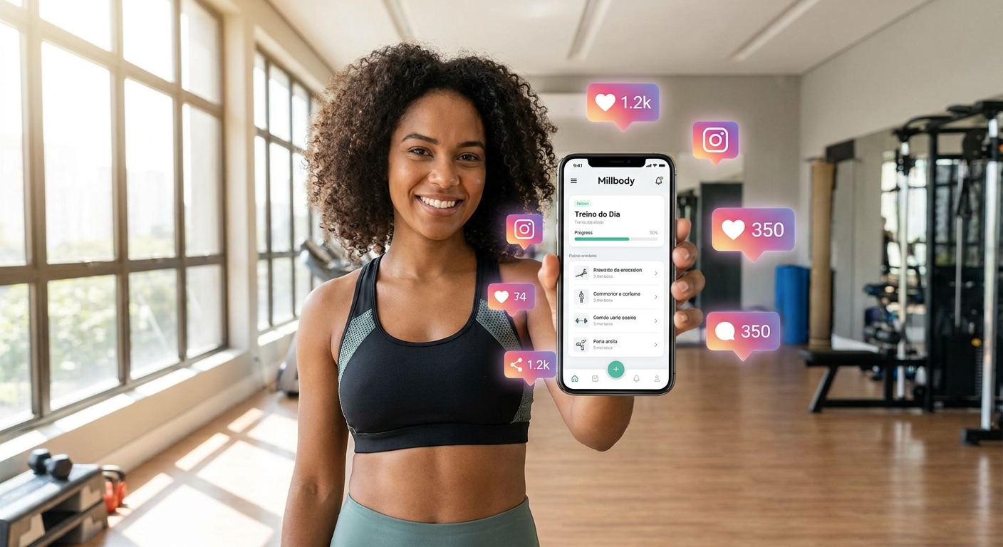 Personal trainer usando o app Millbody para criar legendas para fotos de academia e engajar alunos no Instagram