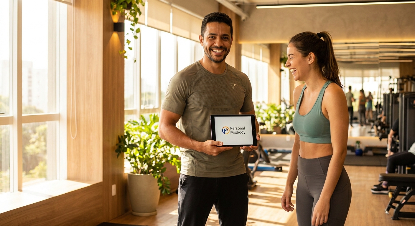 Marketing digital para personal trainer com Personal Millbody Personal trainer usando aplicativo Personal Millbody para gestão de agenda e marketing digital