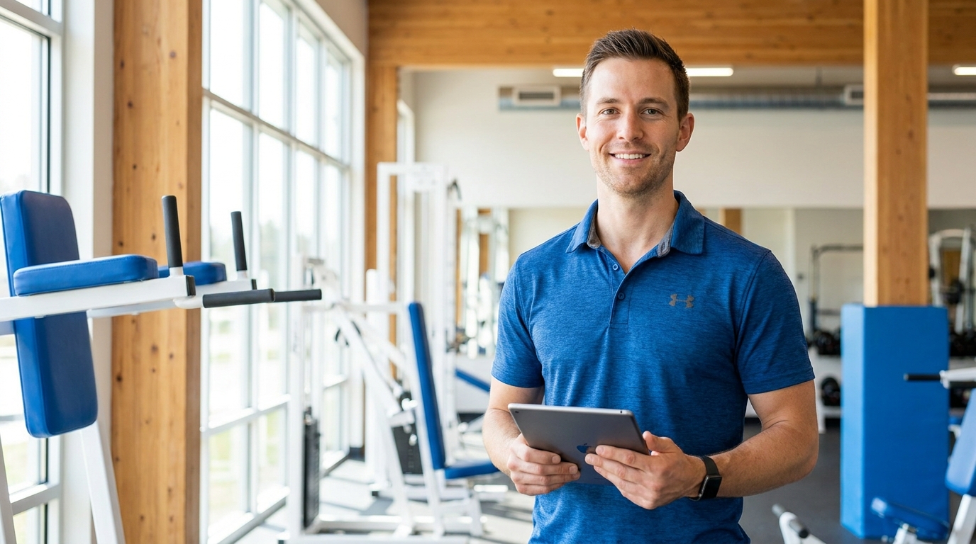 Personal Trainer sorrindo segurando tablet em academia com conceito de marketing digital