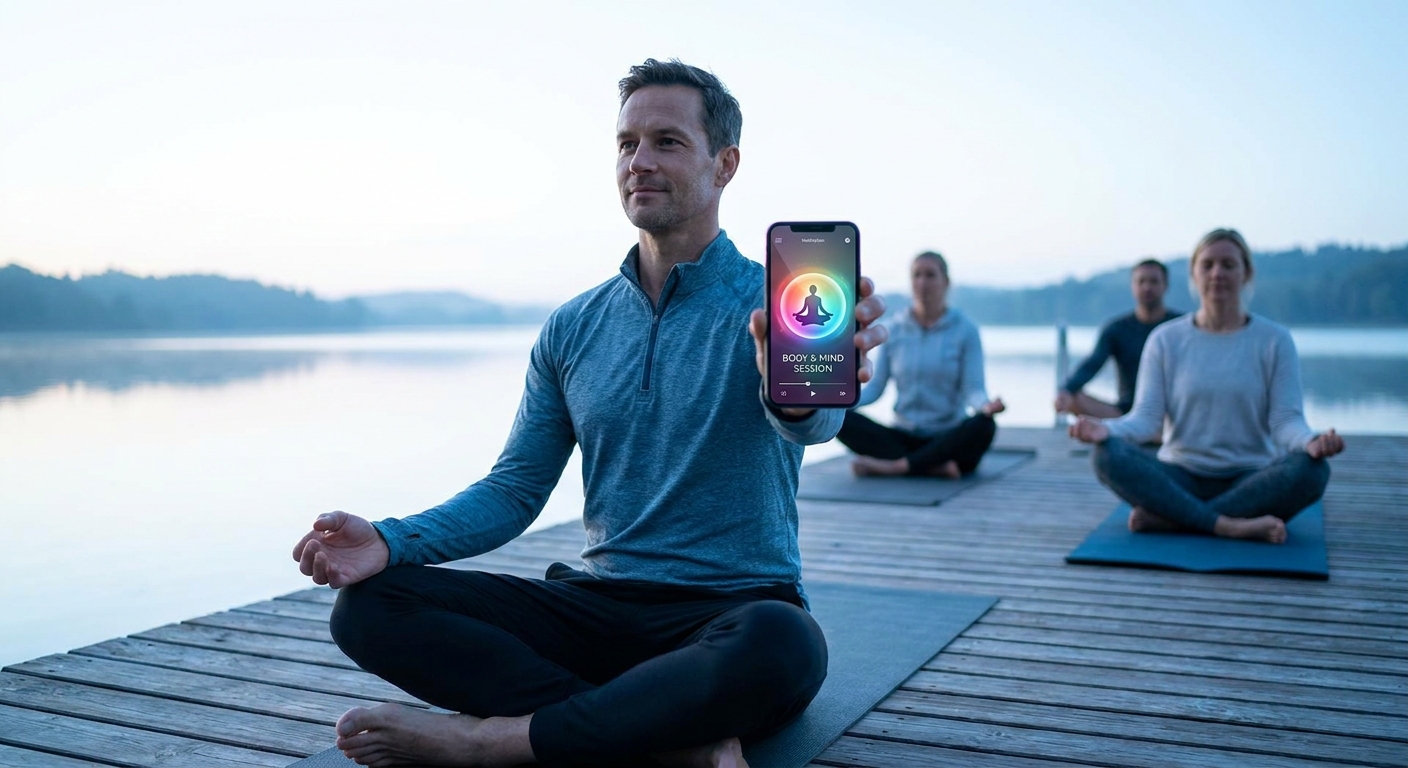 Instrutor de meditação em movimento utilizando o app Personal Millbody