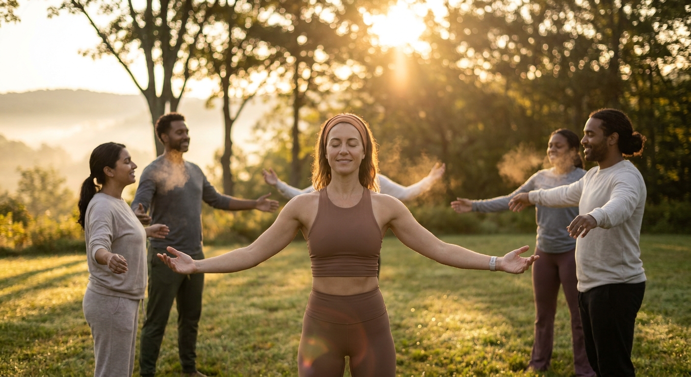 Personal trainer instrutora guiando aula de meditação em movimento body and mind