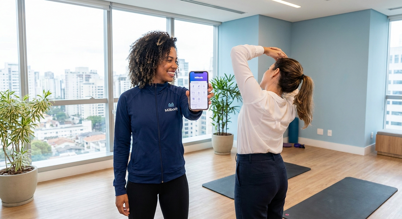 Personal trainer mostrando app Millbody para aluna em ambiente corporativo de ginástica laboral