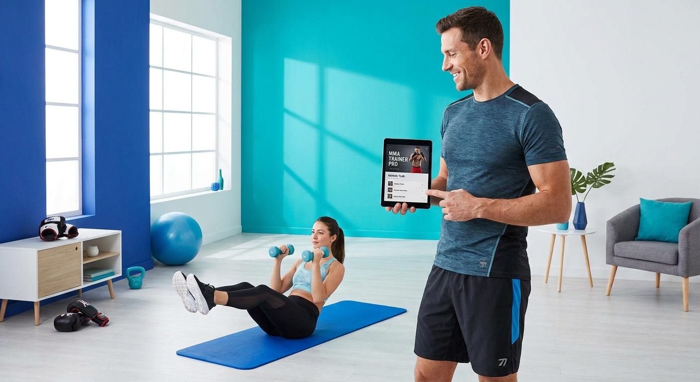Personal trainer de MMA usando aplicativo no tablet enquanto aluno treina em casa com equipamentos simples