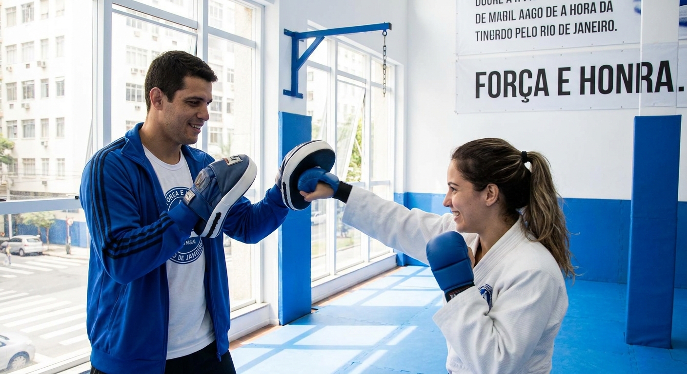 Personal trainer de MMA orientando aluno durante treino em academia moderna