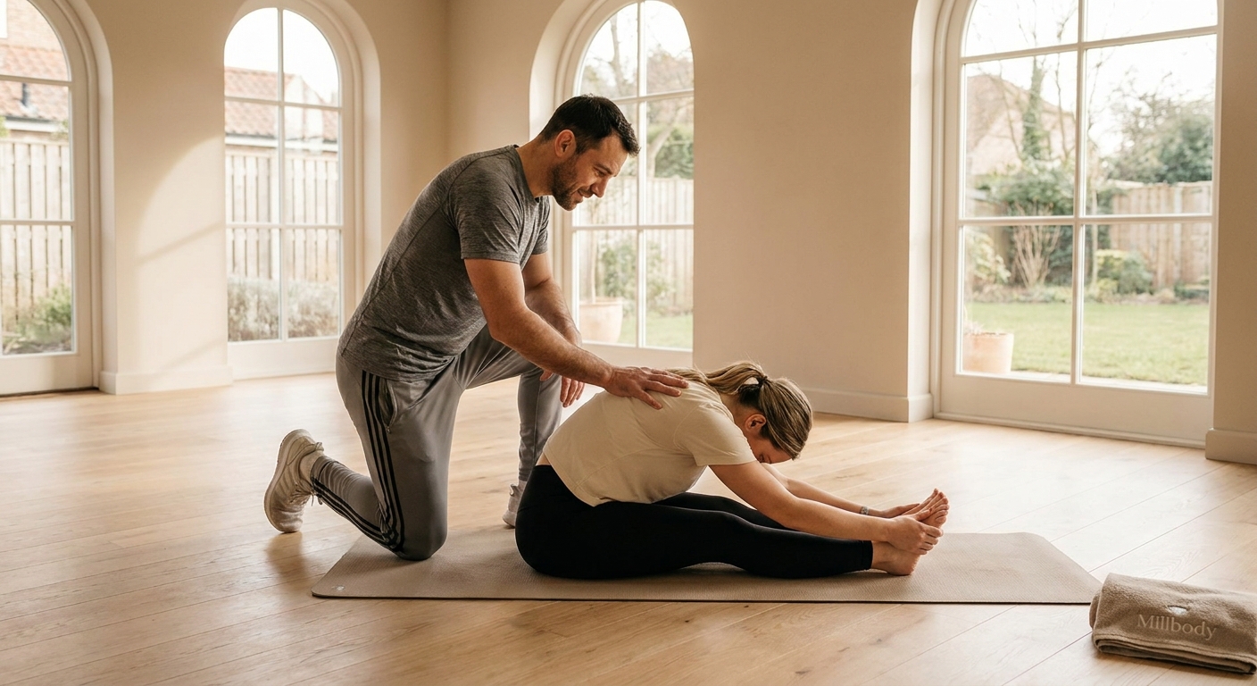 Personal trainer MMA cuidando da recuperação pós-Covid com Millbody Personal trainer de MMA orientando aluno em exercício de respiração pós-Covid com a plataforma Personal Millbody