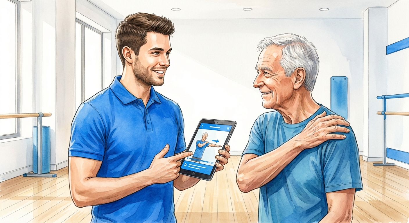 Personal trainer especialista em mobilidade articular ensina exercício para idoso usando app Millbody
