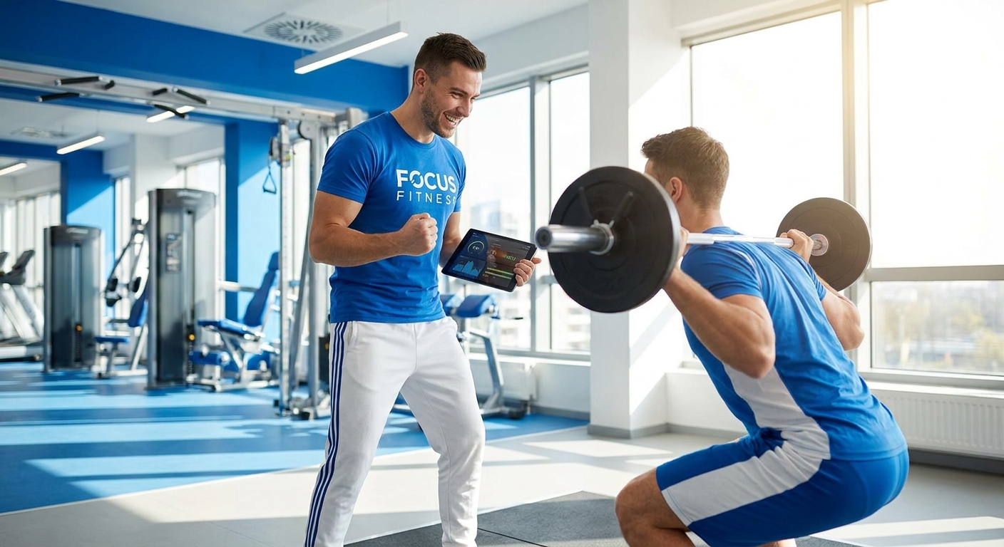 Personal trainer motivando aluno com frases de treino e usando o app Millbody para acompanhar o desempenho