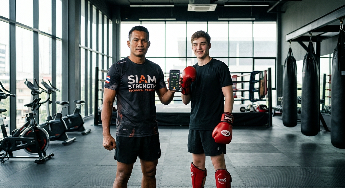 Personal trainer usando app Millbody para prescrever treino de Muay Thai