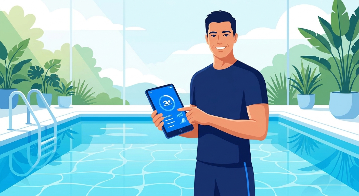 Personal trainer de natação utilizando aplicativo para treino de natação da Millbody ao lado da piscina