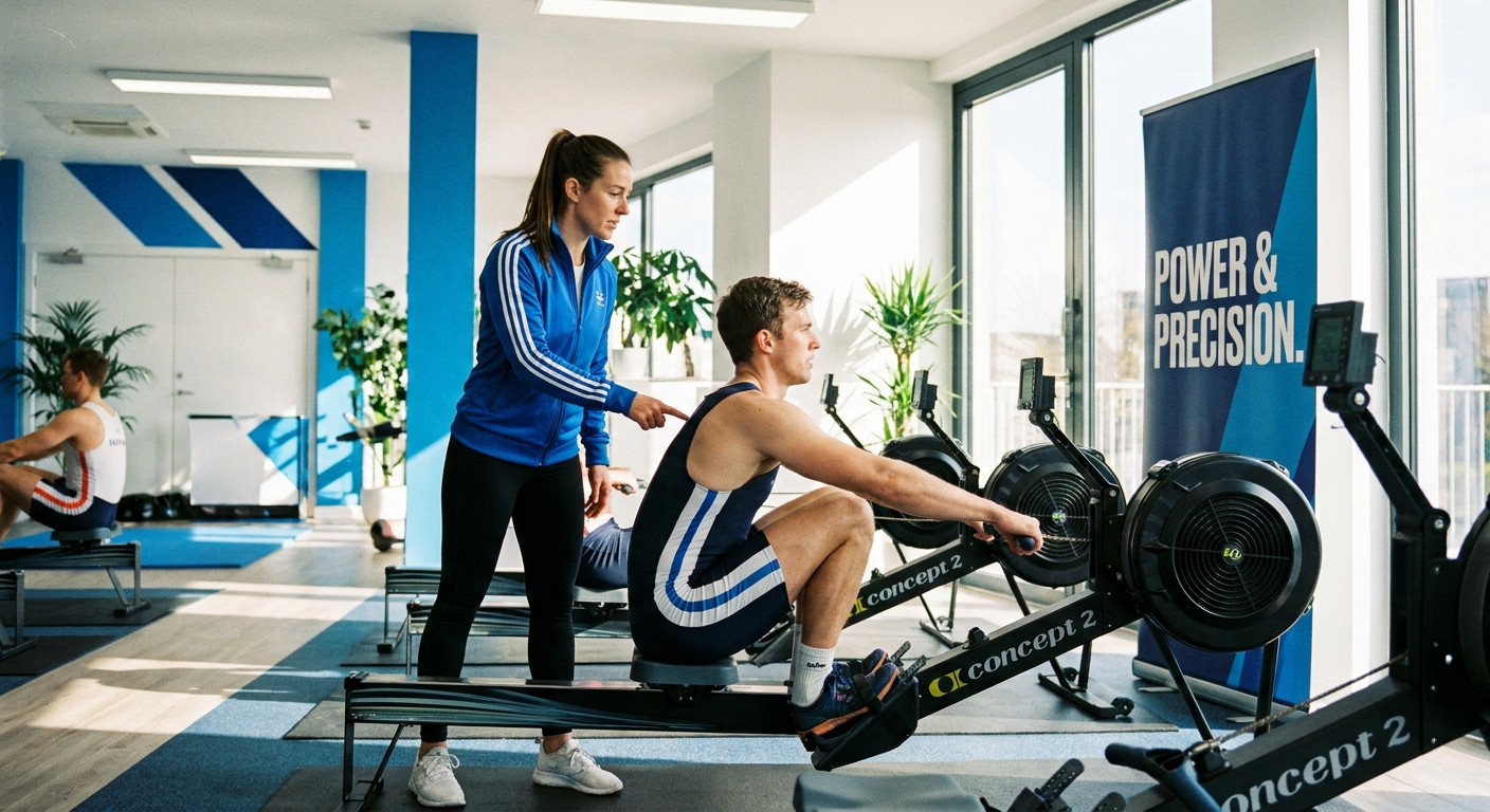 Personal trainer orientando atleta de remo indoor em ergômetro com correção de técnica