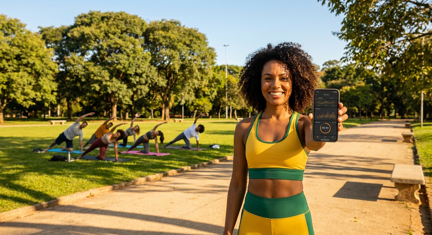 Personal trainer sorrindo em um parque segurando celular com app personalizado enquanto alunos alongam ao fundo