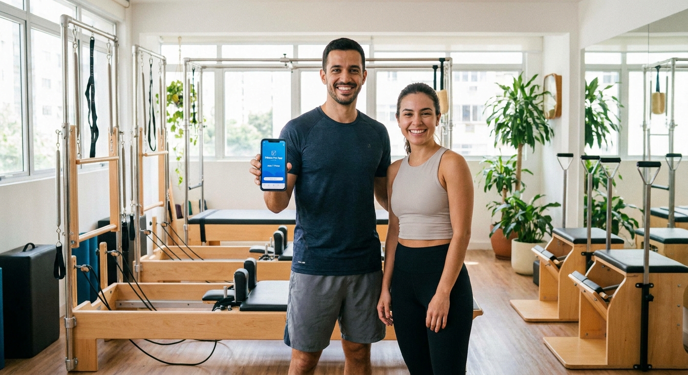Personal trainer de Pilates usando app para personal trainer Personal Millbody ao lado de aluna em estúdio