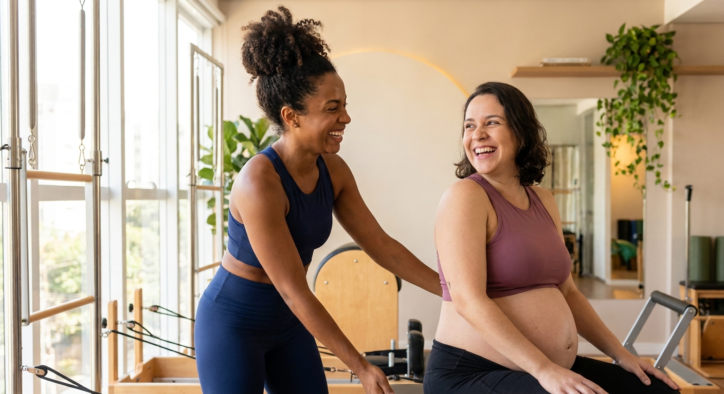 personal trainer pré e pós-parto usando app de treinos ao lado de aluna gestante