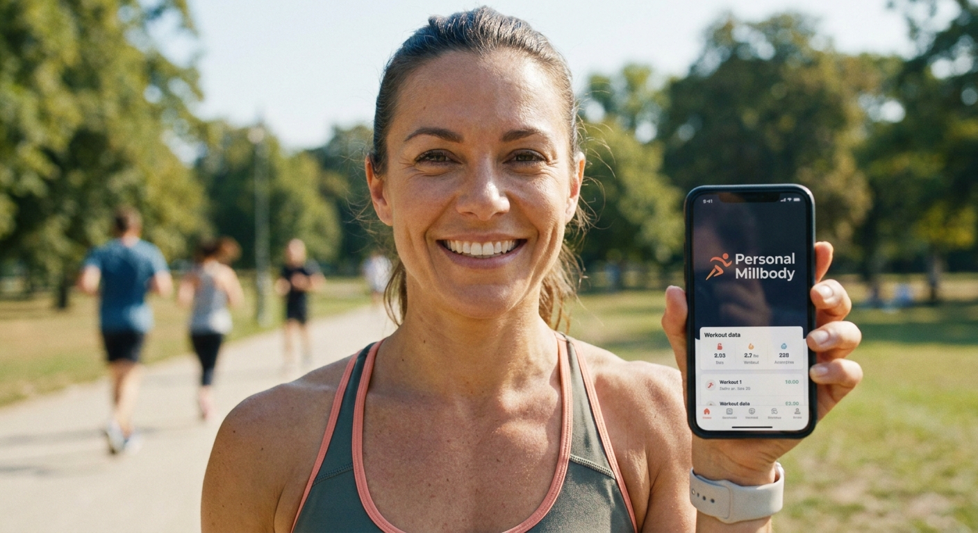 Personal trainer de sucesso usando o Personal Millbody Instrutor funcional confiante segurando smartphone com app Personal Millbody aberto