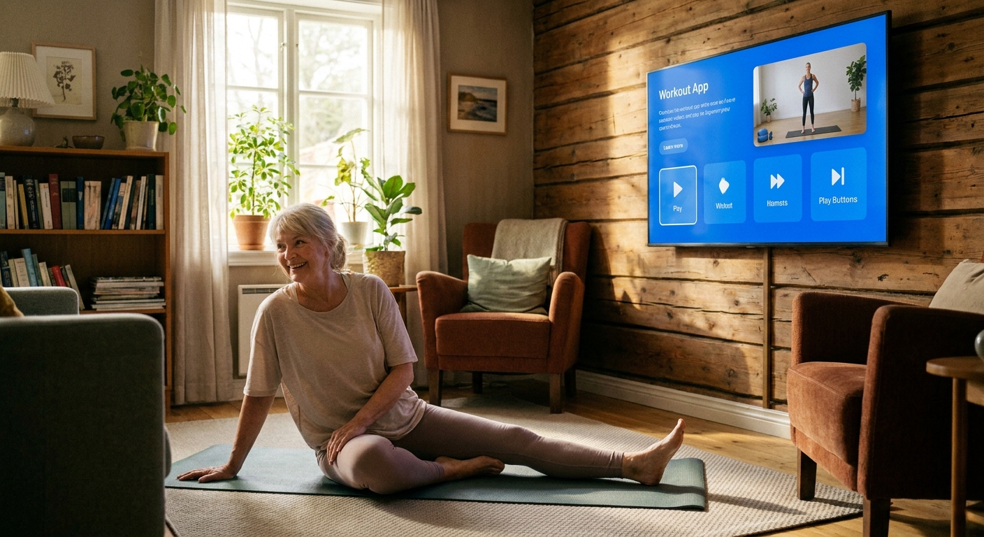 Idosa sorridente usando o app Personal Millbody na smart TV em treino de personal trainer para terceira idade