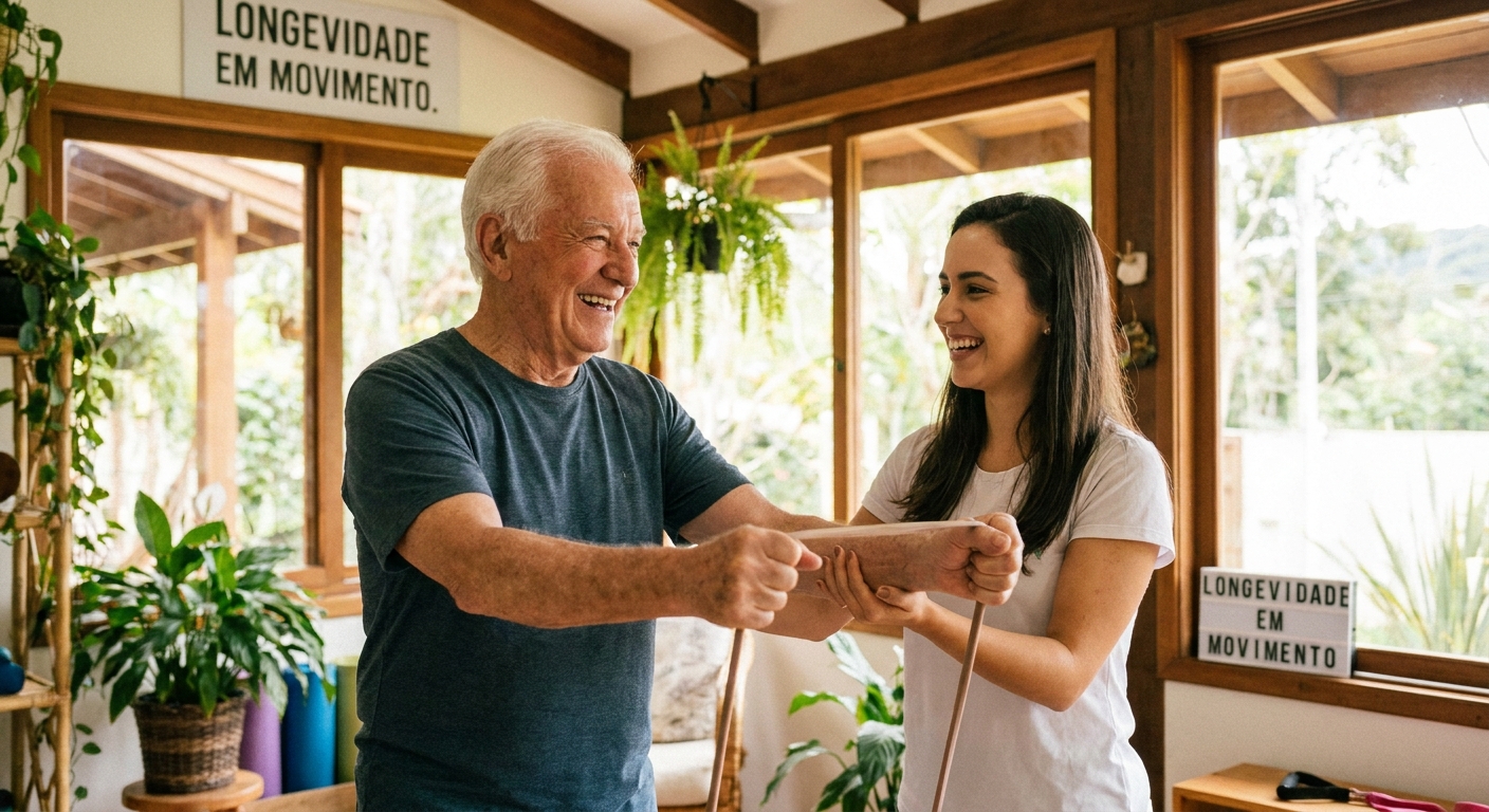Personal trainer terceira idade realizando exercício leve com apoio profissional durante treino de longevidade